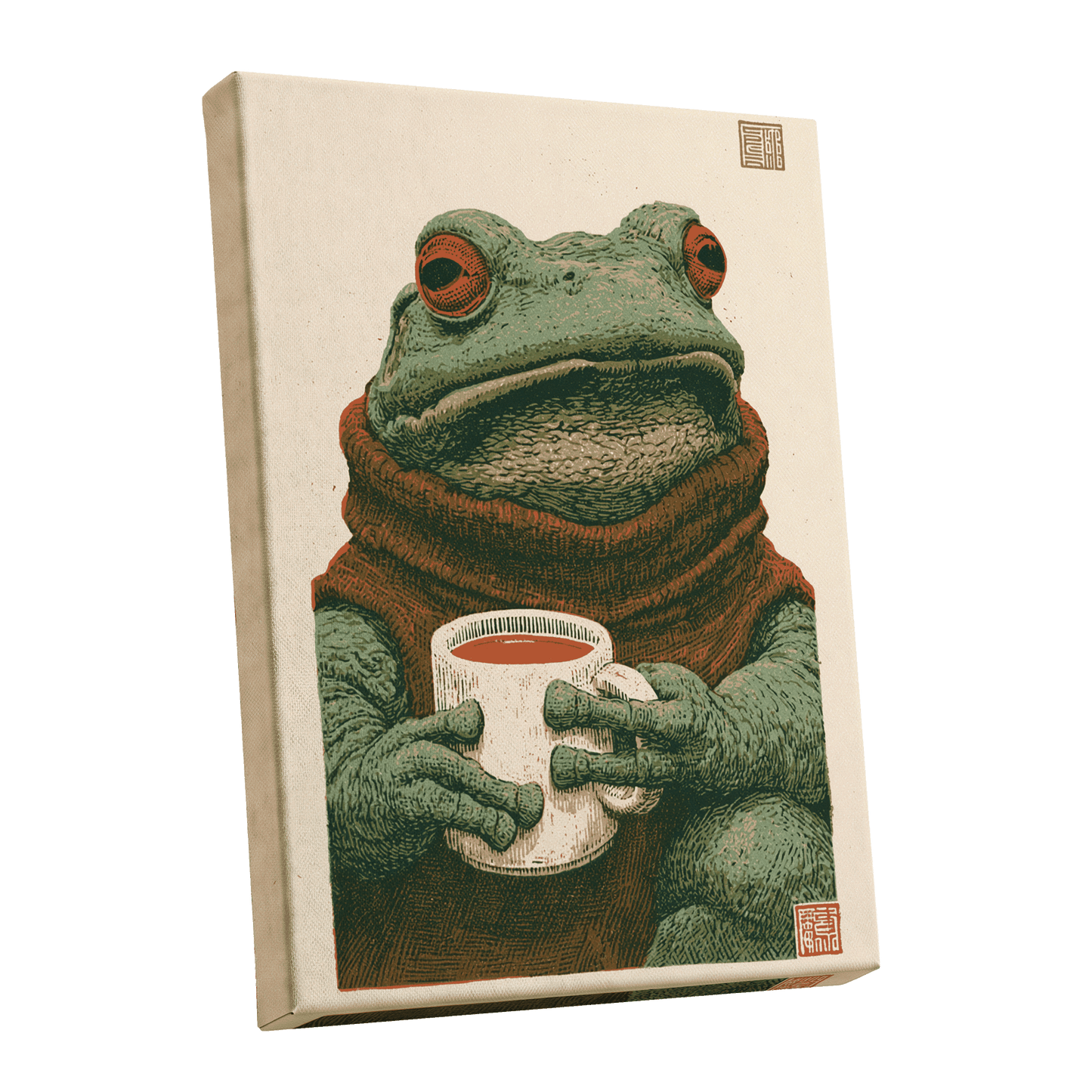 Tea With a Toad, green, beige, brown nature wall art shown as a stretched canvas wall art