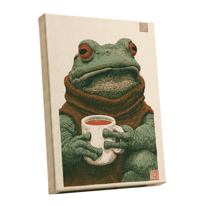 Tea With a Toad, green, beige, brown nature wall art shown as a stretched canvas wall art