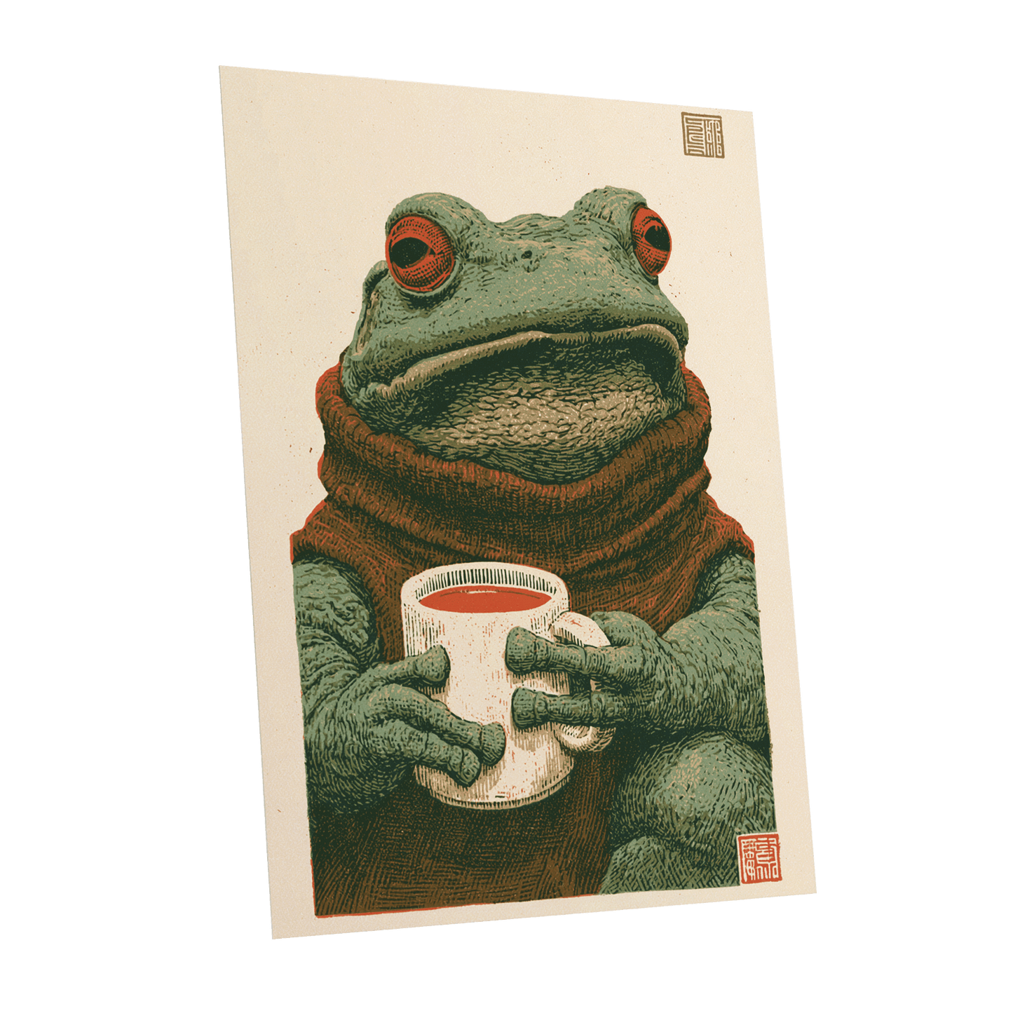 Tea With a Toad, green, beige, brown nature wall art shown as a unframed poster wall art print