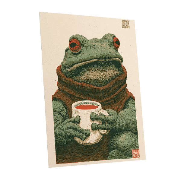 Tea With a Toad, green, beige, brown nature wall art shown as a unframed poster wall art print