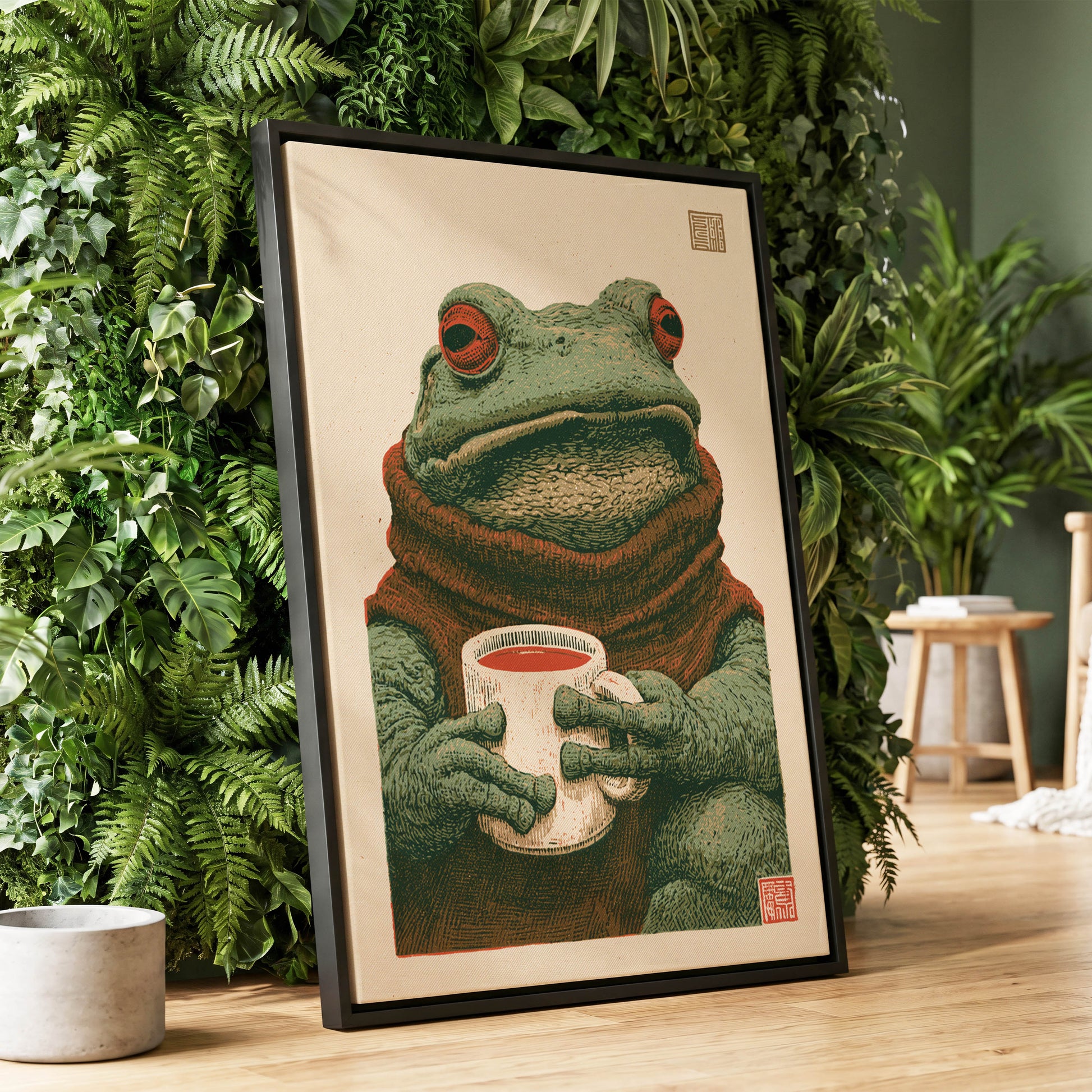 Tea With a Toad, green, beige, brown nature wall art displayed in a styled interior, gallery view 1