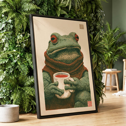 Tea With a Toad, green, beige, brown nature wall art displayed in a styled interior, gallery view 1