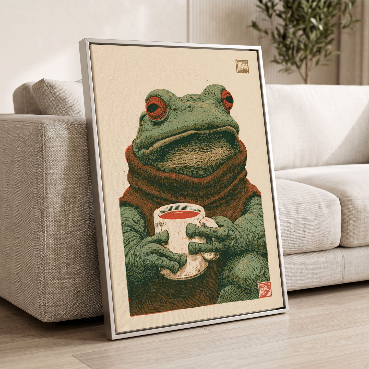 Tea With a Toad, green, beige, brown nature wall art displayed in a styled interior, gallery view 2