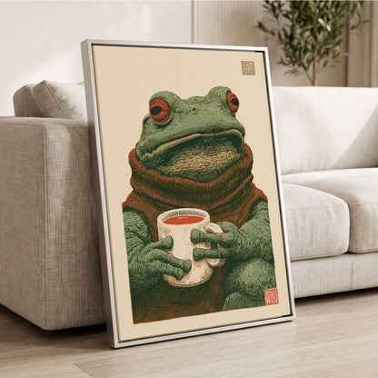 Tea With a Toad, green, beige, brown nature wall art displayed in a styled interior, gallery view 2