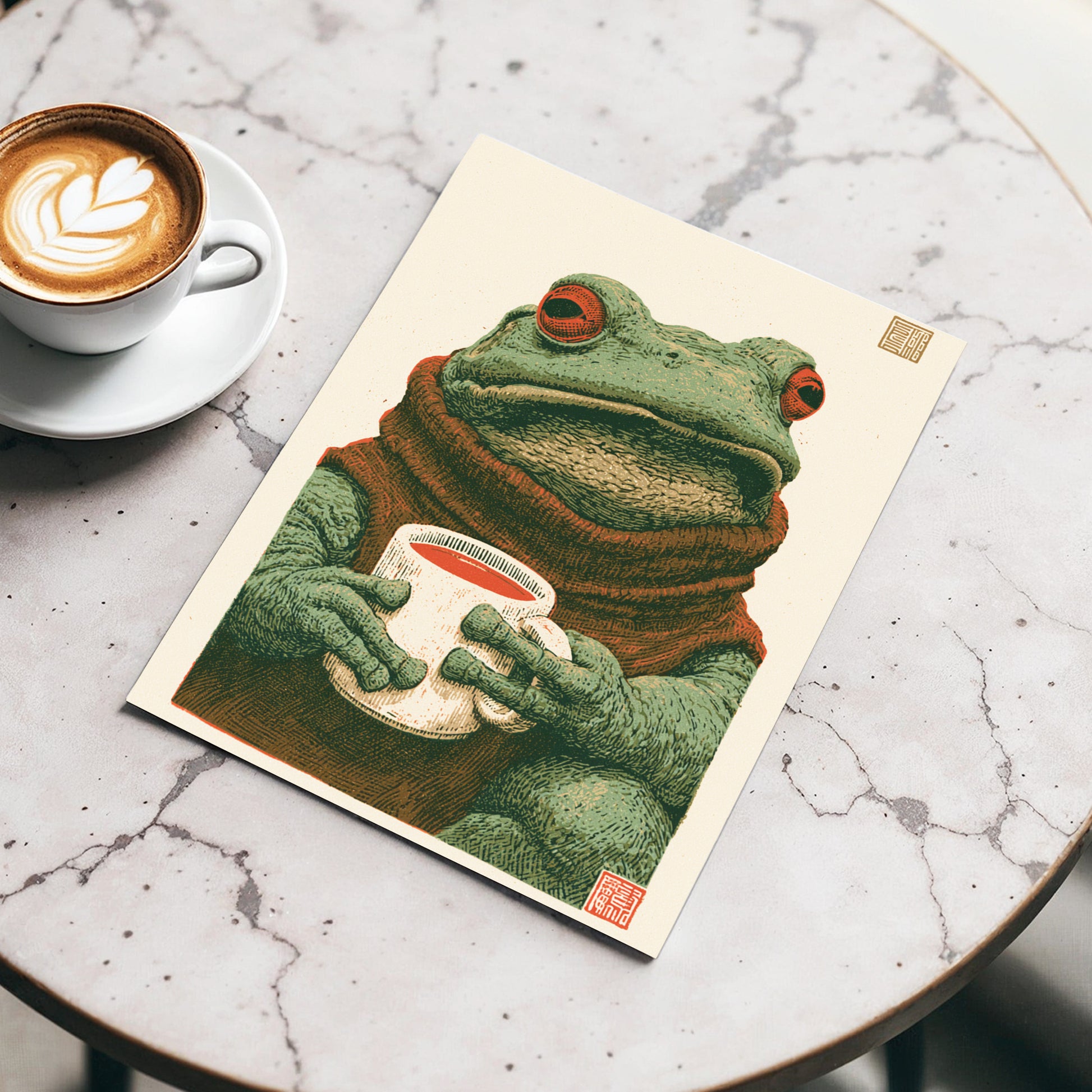 Tea With a Toad, green, beige, brown nature wall art displayed in a styled interior, gallery view 3
