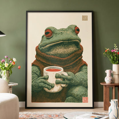 Tea With a Toad, green, beige, brown nature wall art displayed in a styled interior, gallery view 4