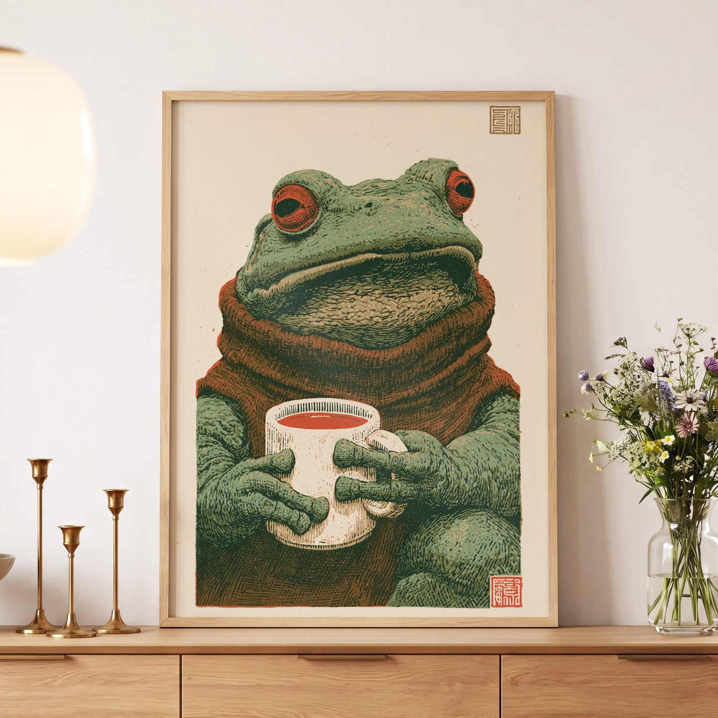 Tea With a Toad, green, beige, brown nature wall art displayed in a styled interior, gallery view 5