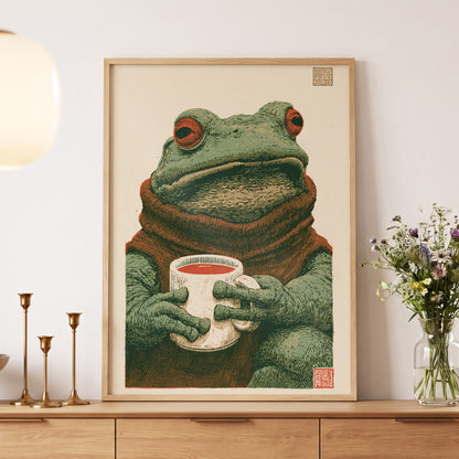 Tea With a Toad, green, beige, brown nature wall art displayed in a styled interior, gallery view 5