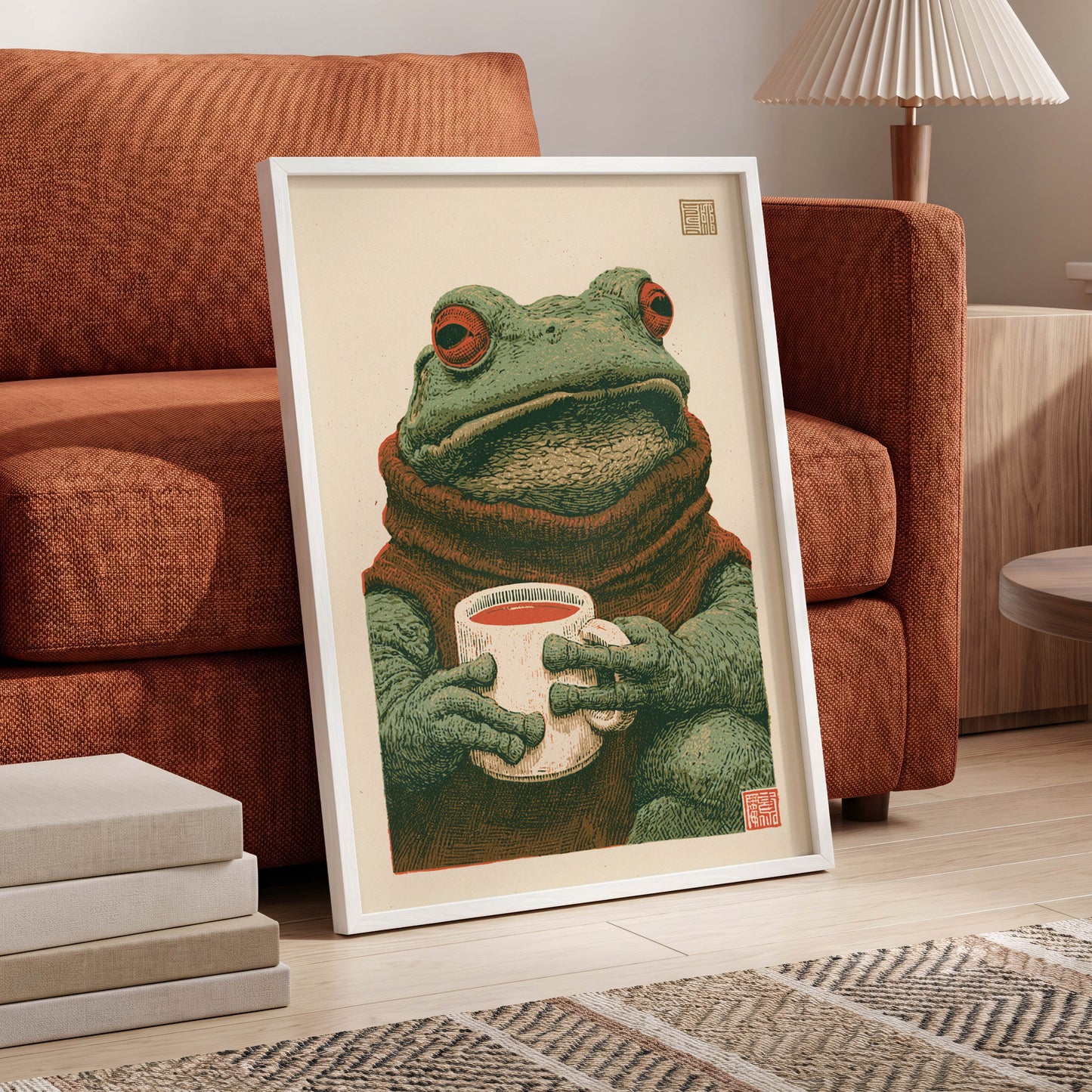 Tea With a Toad, green, beige, brown nature wall art displayed in a styled interior, gallery view 6