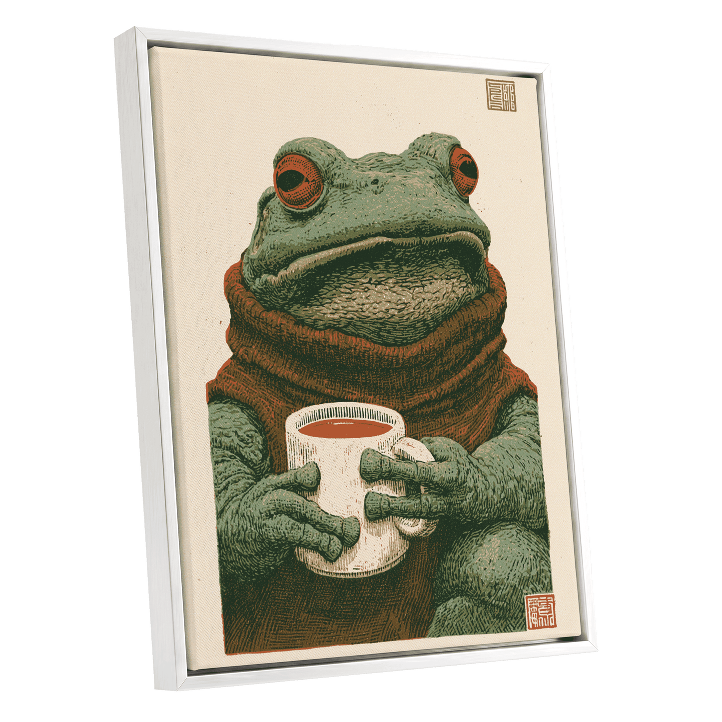 Tea With a Toad, green, beige, brown nature wall art shown as a white framed canvas wall art