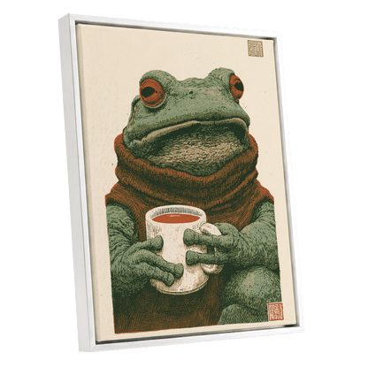 Tea With a Toad, green, beige, brown nature wall art shown as a white framed canvas wall art