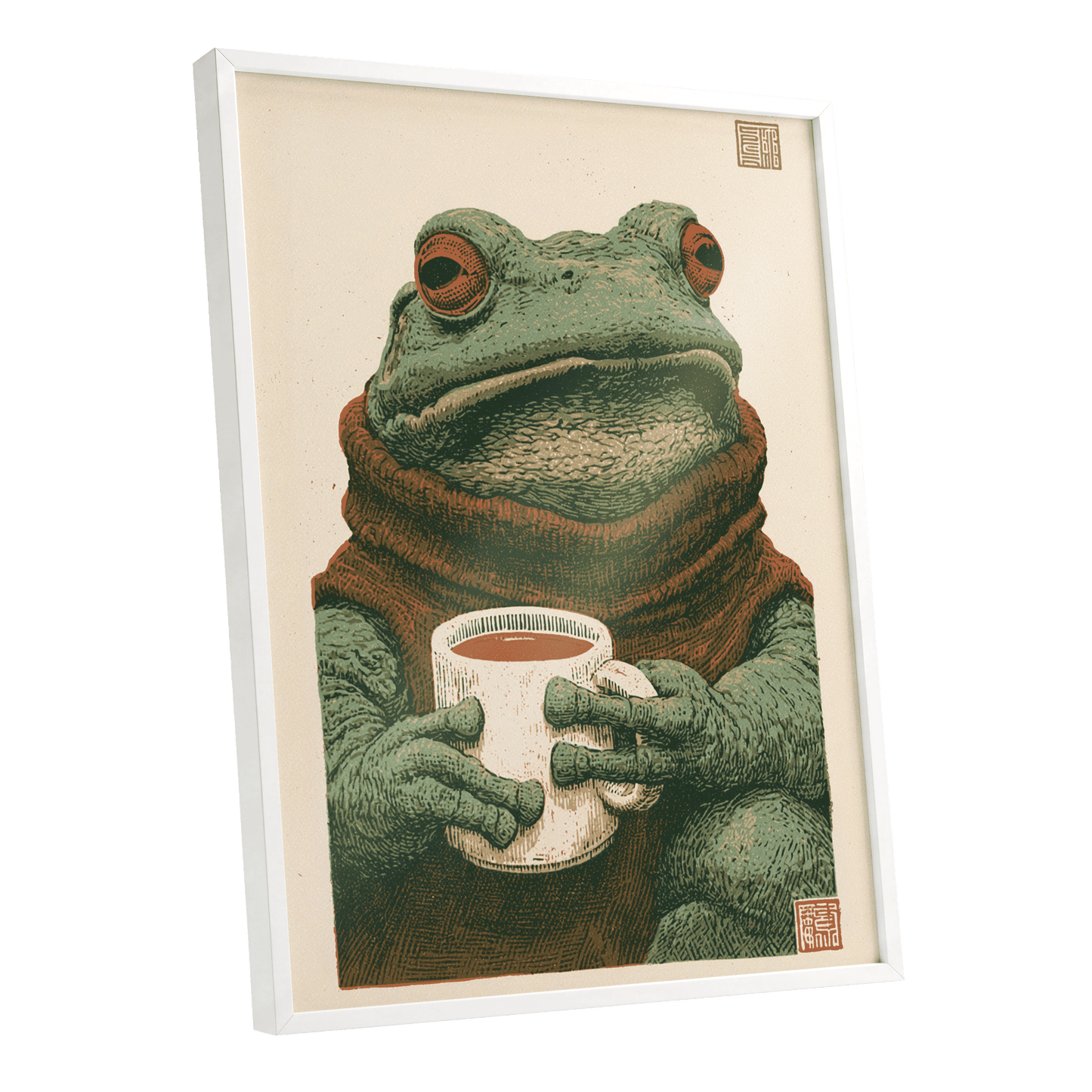 Tea With a Toad, green, beige, brown nature wall art shown as a white framed poster wall art print