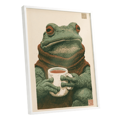 Tea With a Toad, green, beige, brown nature wall art shown as a white framed poster wall art print
