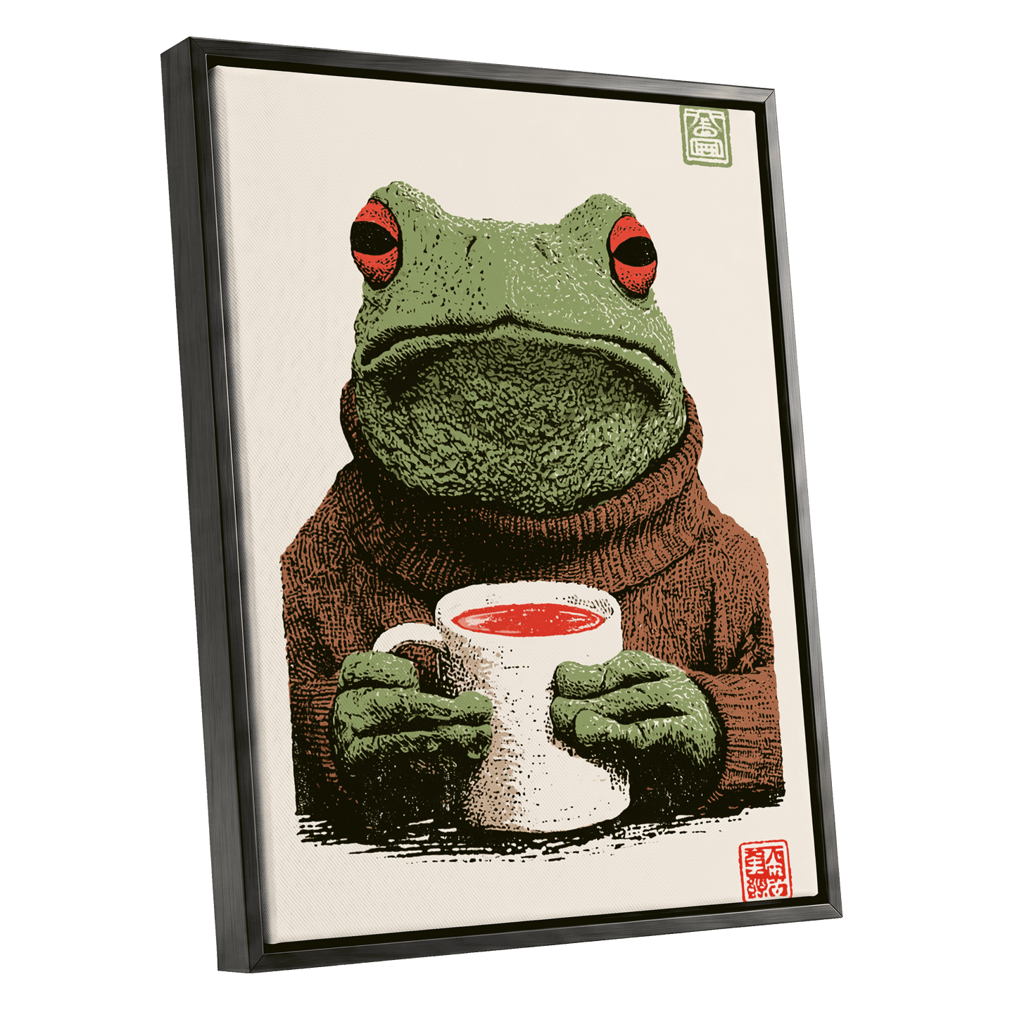 Tea With a Tree Frog, green, beige, brown nature wall art shown as a black framed canvas wall art