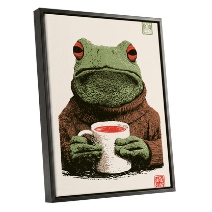 Tea With a Tree Frog, green, beige, brown nature wall art shown as a black framed canvas wall art