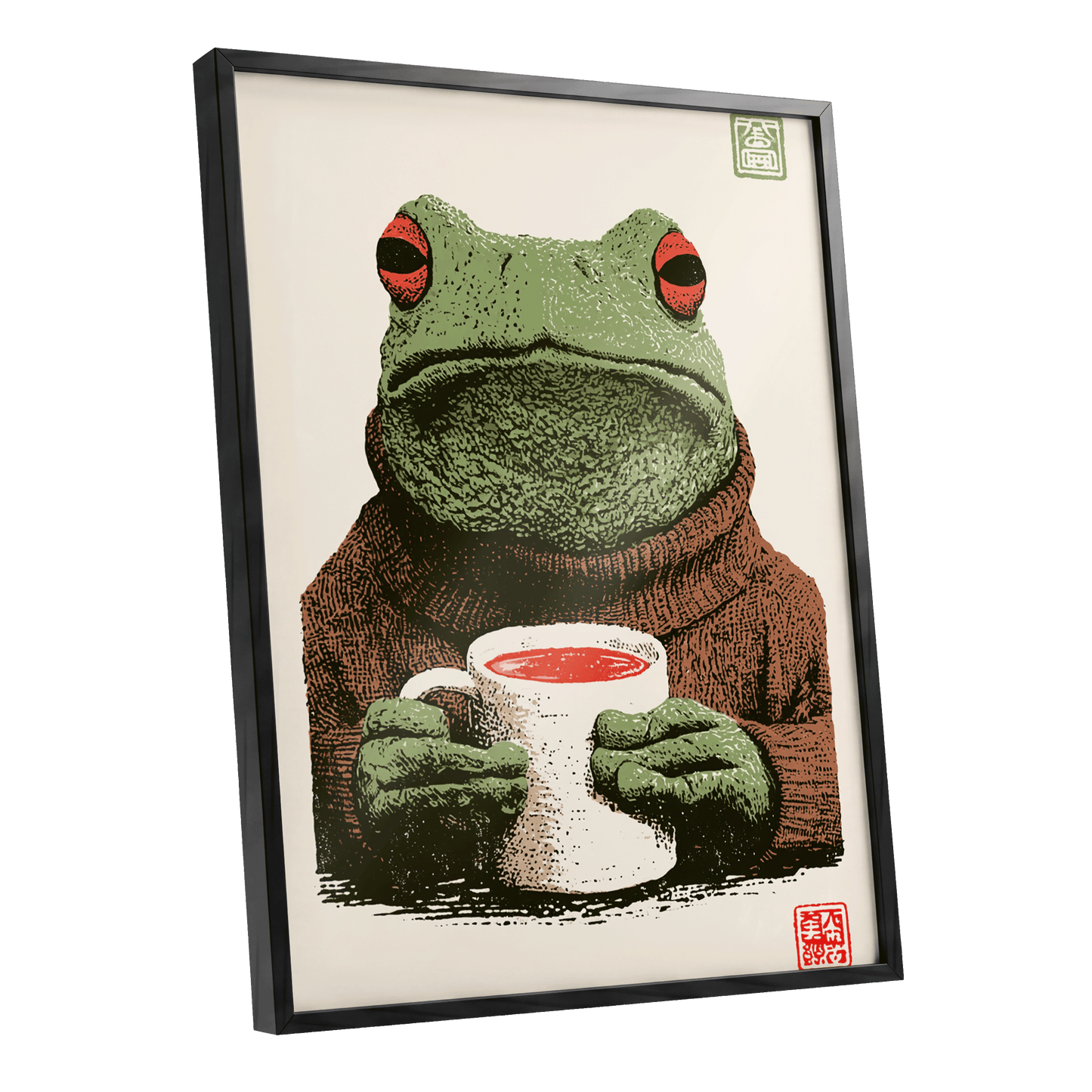 Tea With a Tree Frog, green, beige, brown nature wall art shown as a black framed poster wall art print