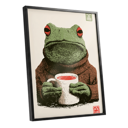 Tea With a Tree Frog, green, beige, brown nature wall art shown as a black framed poster wall art print