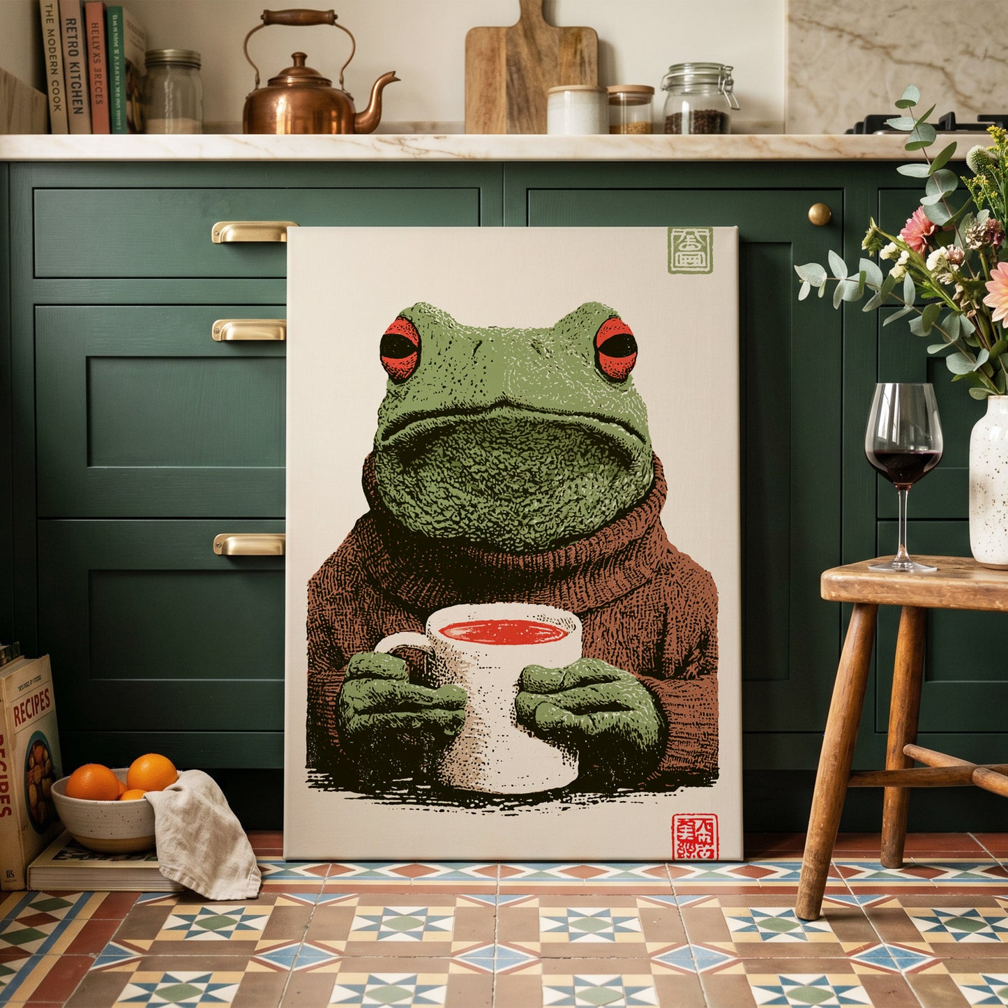 Tea With a Tree Frog, green, beige, brown nature wall art on canvas displayed in a styled interior, gallery view 1