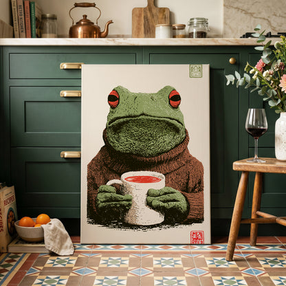 Tea With a Tree Frog, green, beige, brown nature wall art on canvas displayed in a styled interior, gallery view 1