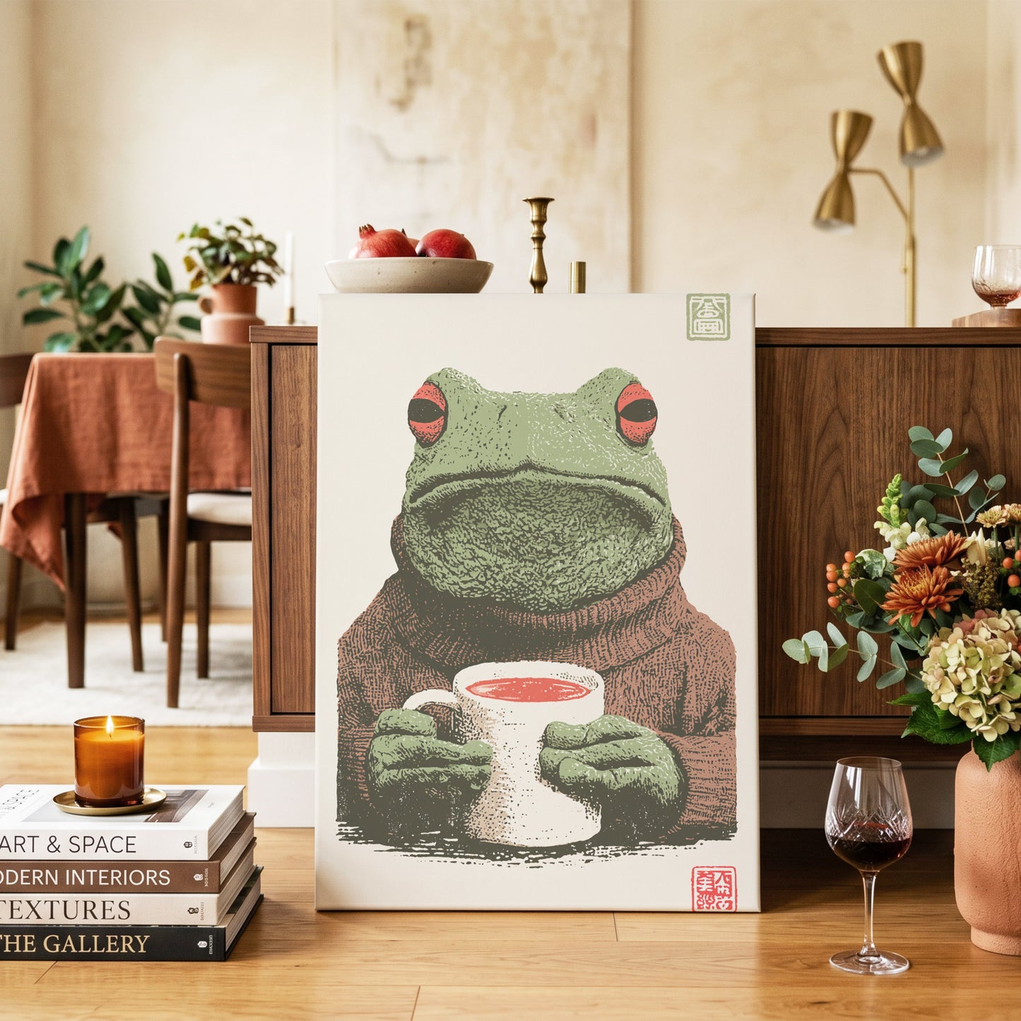 Tea With a Tree Frog, green, beige, brown nature wall art on canvas displayed in a styled interior, gallery view 2