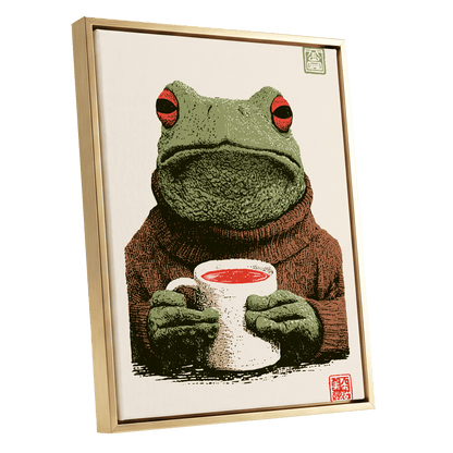 Tea With a Tree Frog, green, beige, brown nature wall art shown as a gold framed canvas wall art