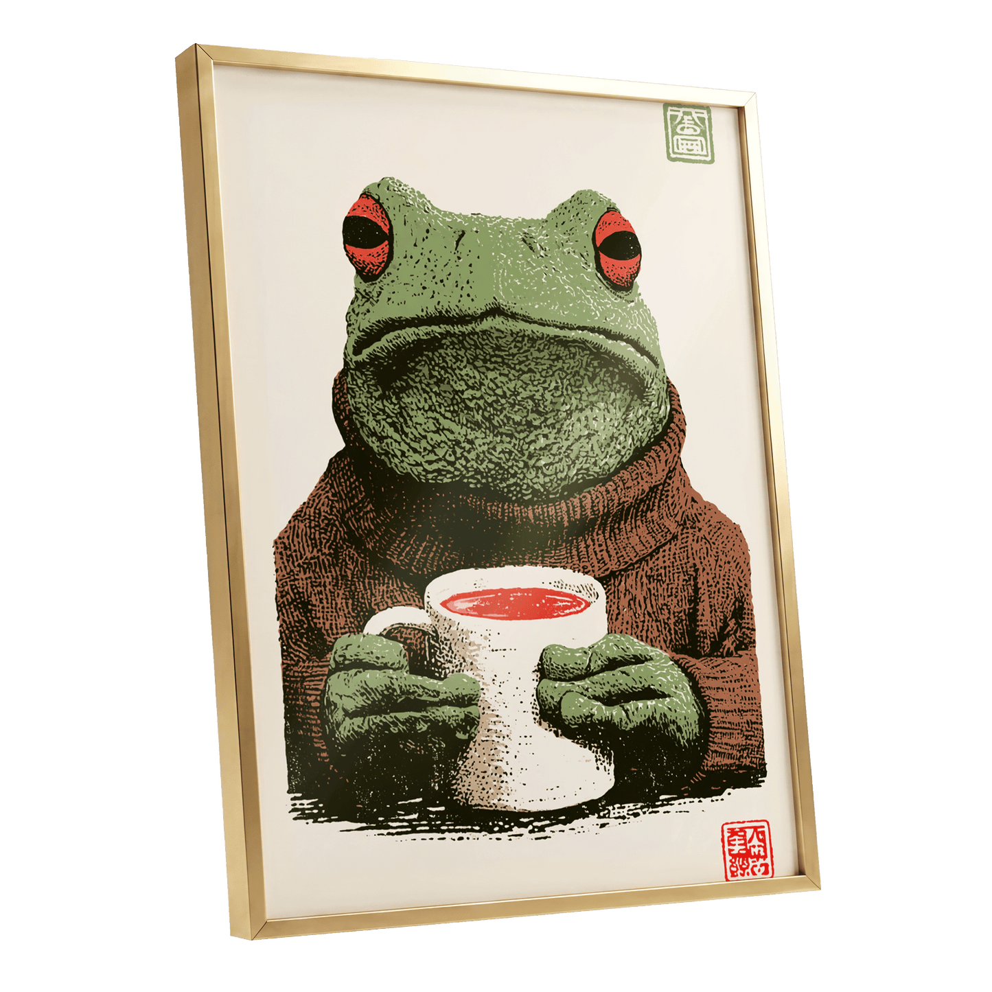 Tea With a Tree Frog, green, beige, brown nature wall art shown as a gold framed poster wall art print