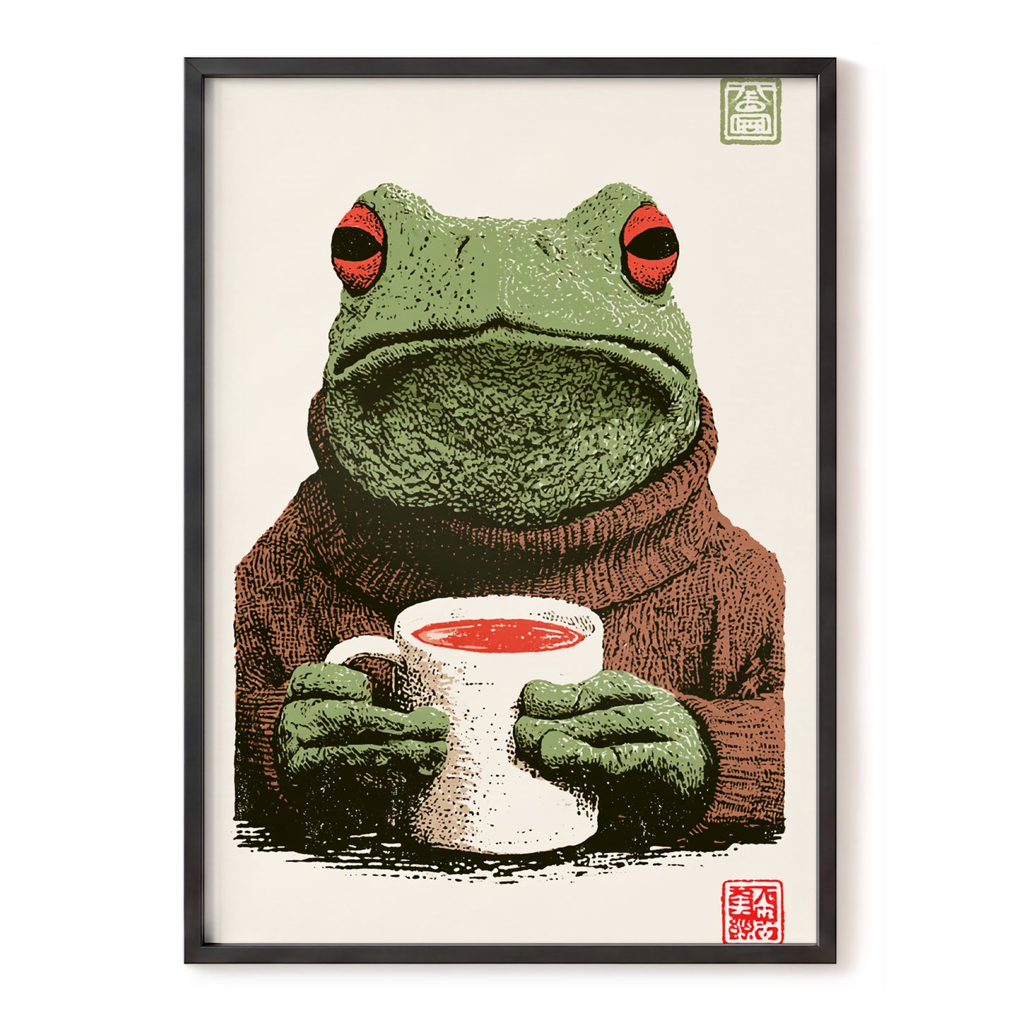 Tea With a Tree Frog, green, beige, brown nature wall art, front artwork view
