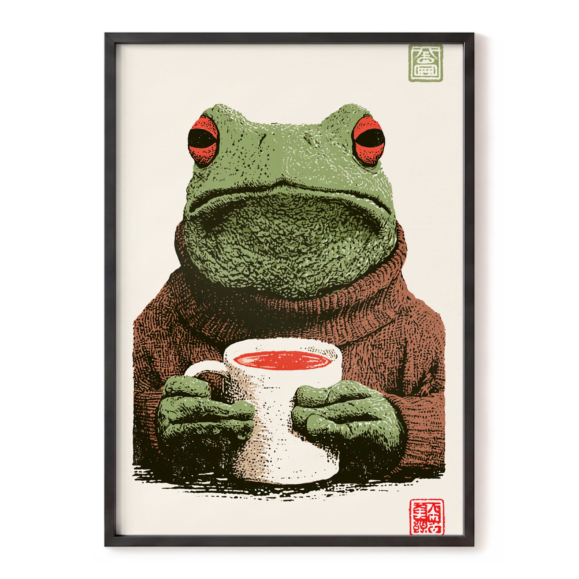 Tea With a Tree Frog, green, beige, brown nature wall art, front artwork view