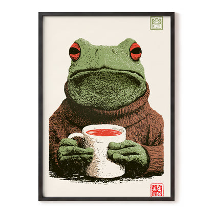 Tea With a Tree Frog, green, beige, brown nature wall art, front artwork view