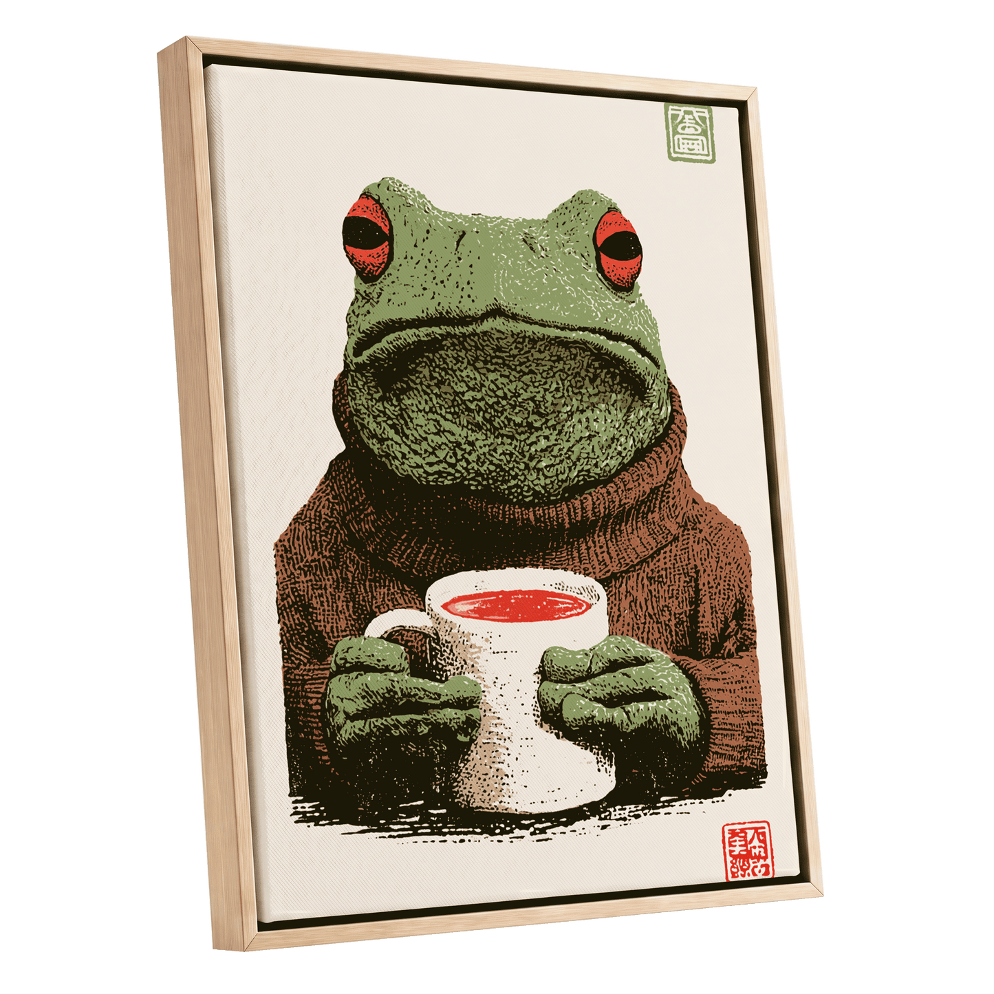Tea With a Tree Frog, green, beige, brown nature wall art shown as a oak framed canvas wall art