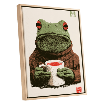Tea With a Tree Frog, green, beige, brown nature wall art shown as a oak framed canvas wall art