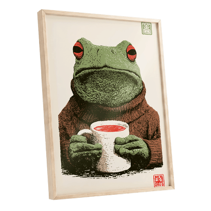Tea With a Tree Frog, green, beige, brown nature wall art shown as a oak framed poster wall art print