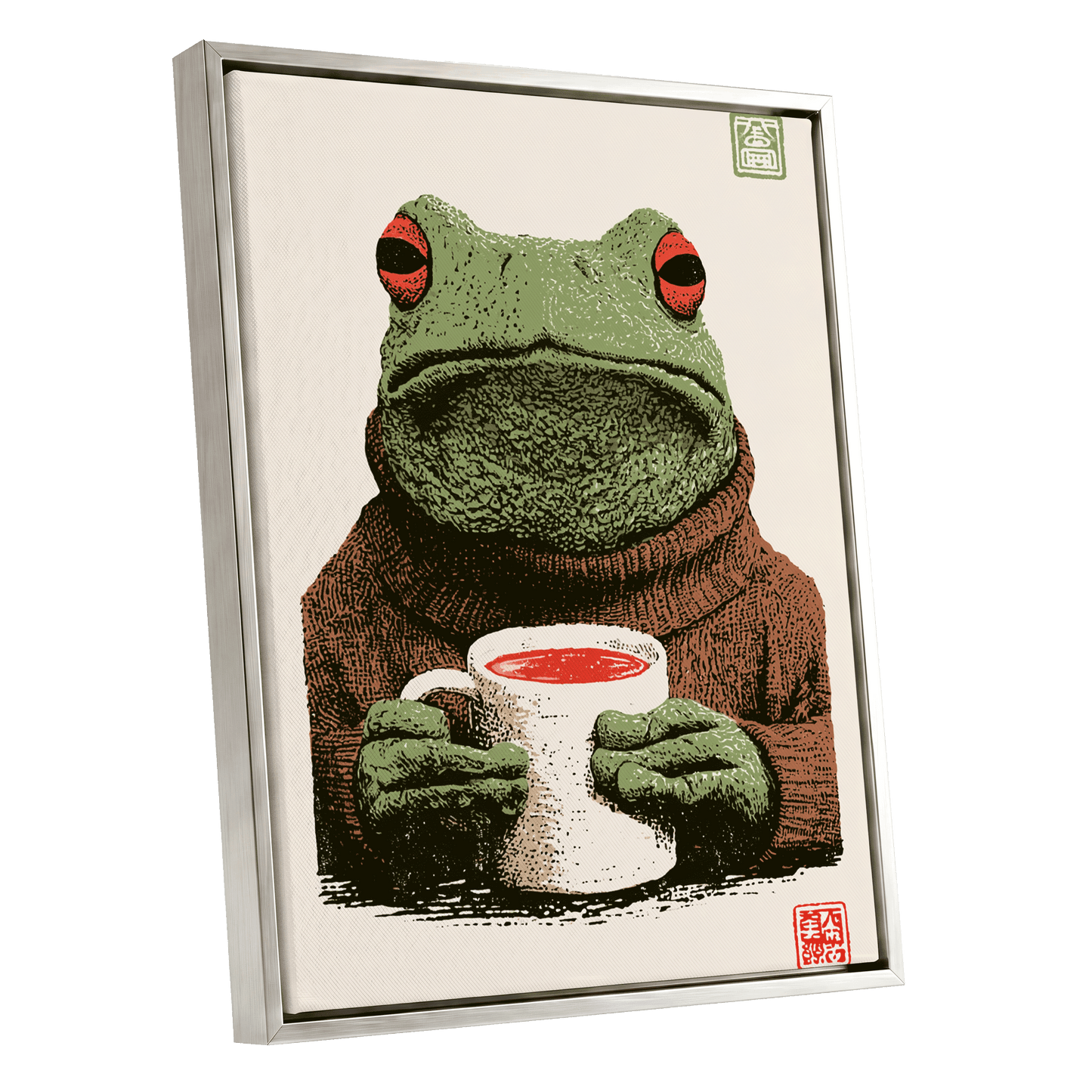 Tea With a Tree Frog, green, beige, brown nature wall art shown as a silver framed canvas wall art