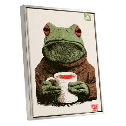 Tea With a Tree Frog, green, beige, brown nature wall art shown as a silver framed canvas wall art