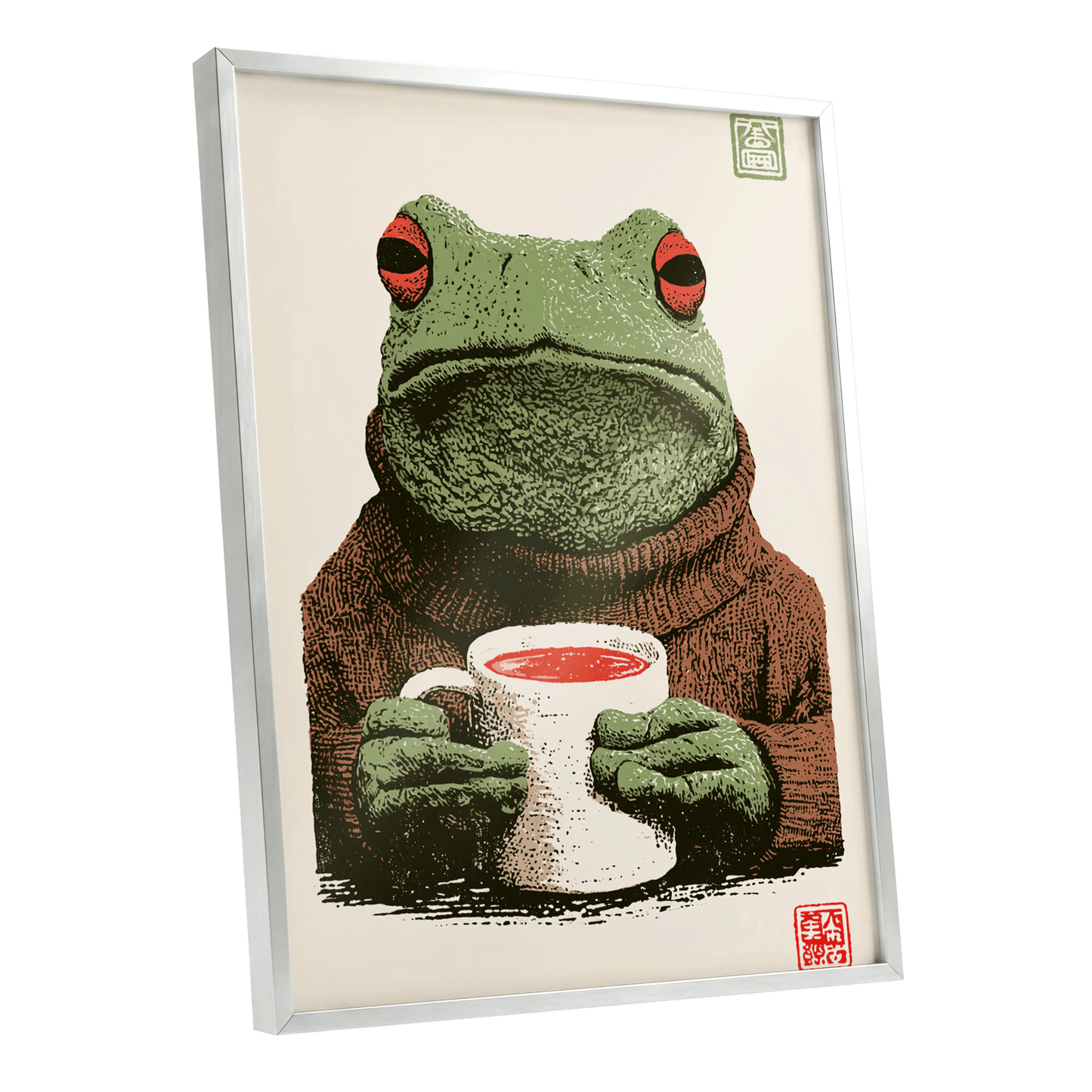 Tea With a Tree Frog, green, beige, brown nature wall art shown as a silver framed poster wall art print