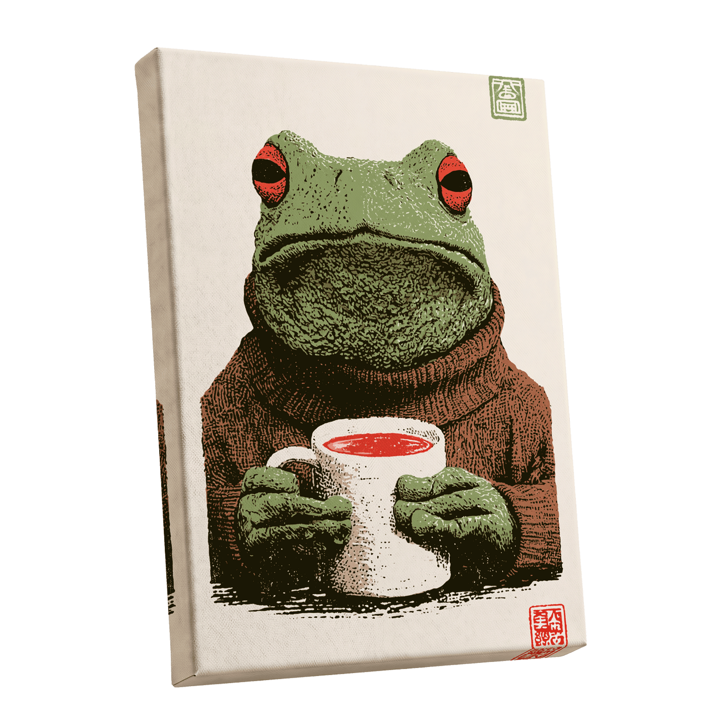 Tea With a Tree Frog, green, beige, brown nature wall art shown as a stretched canvas wall art