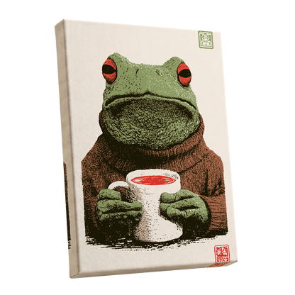Tea With a Tree Frog, green, beige, brown nature wall art shown as a stretched canvas wall art