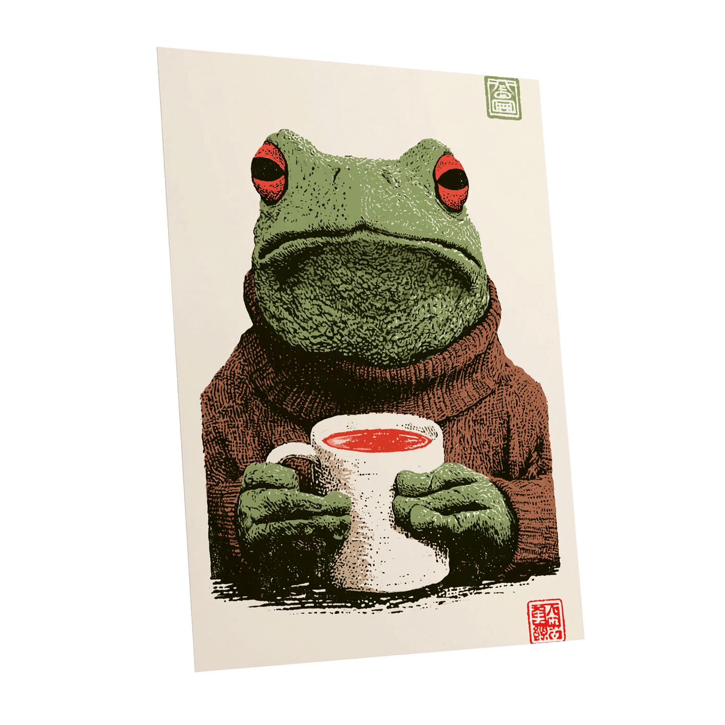 Tea With a Tree Frog, green, beige, brown nature wall art shown as a unframed poster wall art print