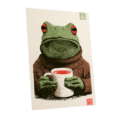 Tea With a Tree Frog, green, beige, brown nature wall art shown as a unframed poster wall art print