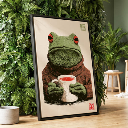 Tea With a Tree Frog, green, beige, brown nature wall art displayed in a styled interior, gallery view 1