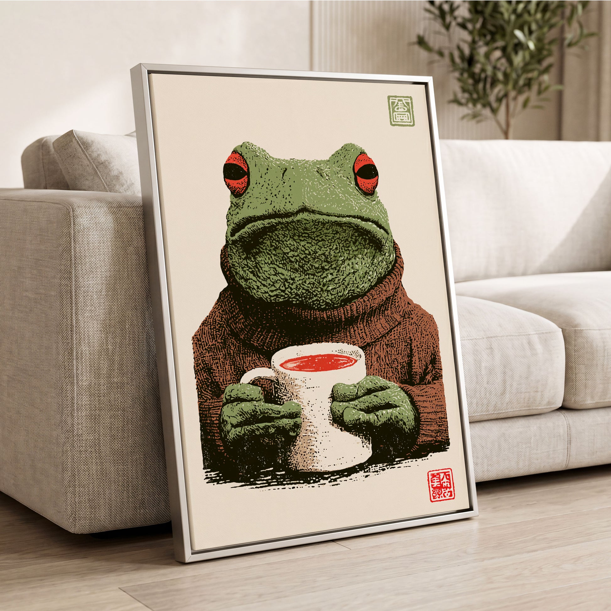 Tea With a Tree Frog, green, beige, brown nature wall art displayed in a styled interior, gallery view 2