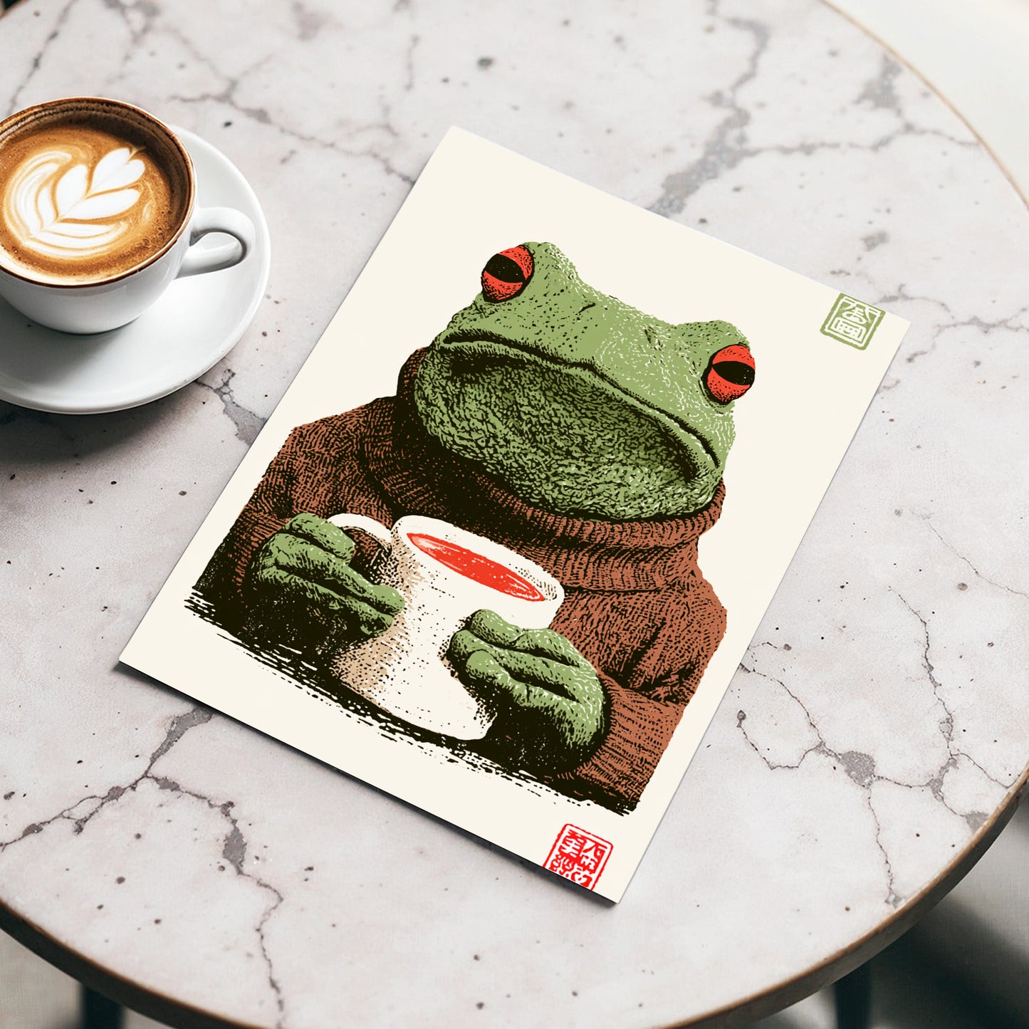 Tea With a Tree Frog, green, beige, brown nature wall art displayed in a styled interior, gallery view 3
