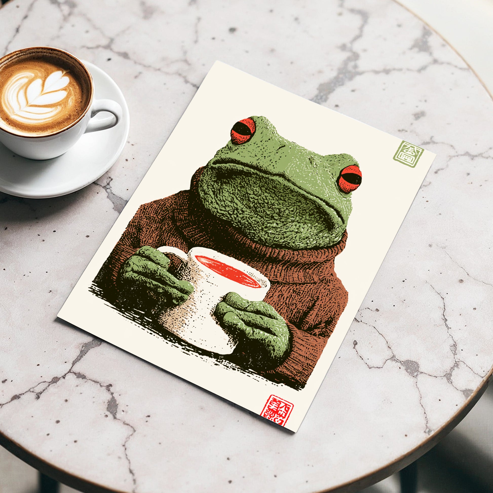 Tea With a Tree Frog, green, beige, brown nature wall art displayed in a styled interior, gallery view 3