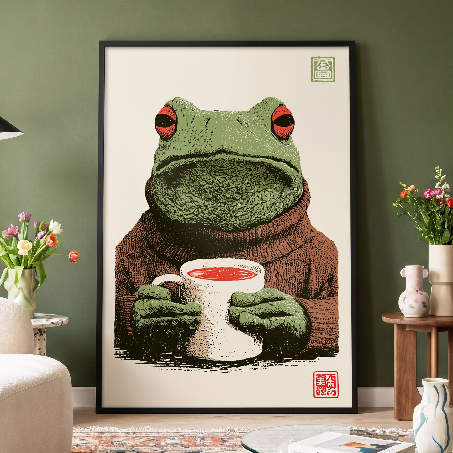 Tea With a Tree Frog, green, beige, brown nature wall art displayed in a styled interior, gallery view 4