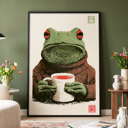 Tea With a Tree Frog, green, beige, brown nature wall art displayed in a styled interior, gallery view 4