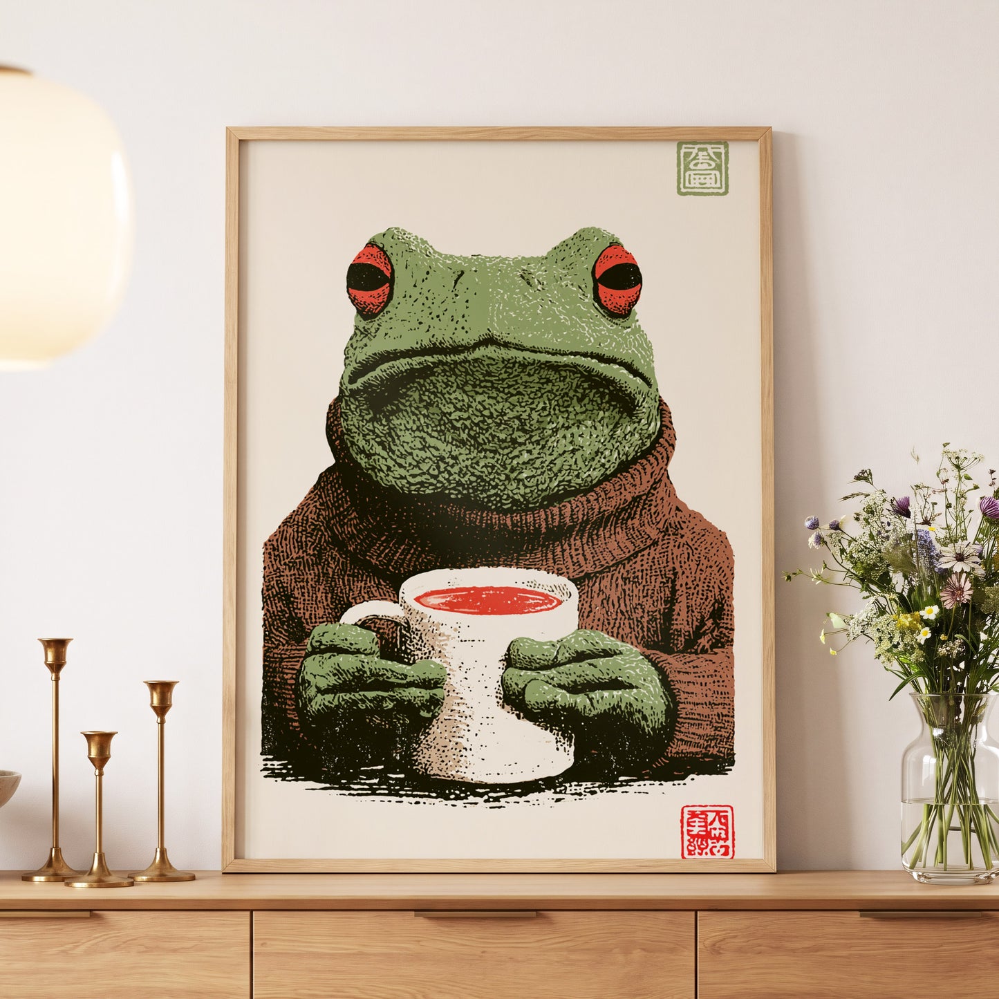 Tea With a Tree Frog, green, beige, brown nature wall art displayed in a styled interior, gallery view 5