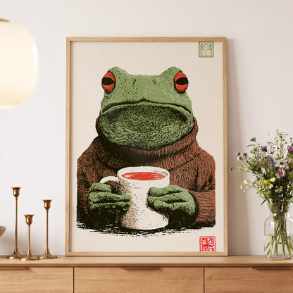 Tea With a Tree Frog, green, beige, brown nature wall art displayed in a styled interior, gallery view 5