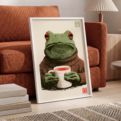 Tea With a Tree Frog, green, beige, brown nature wall art displayed in a styled interior, gallery view 6