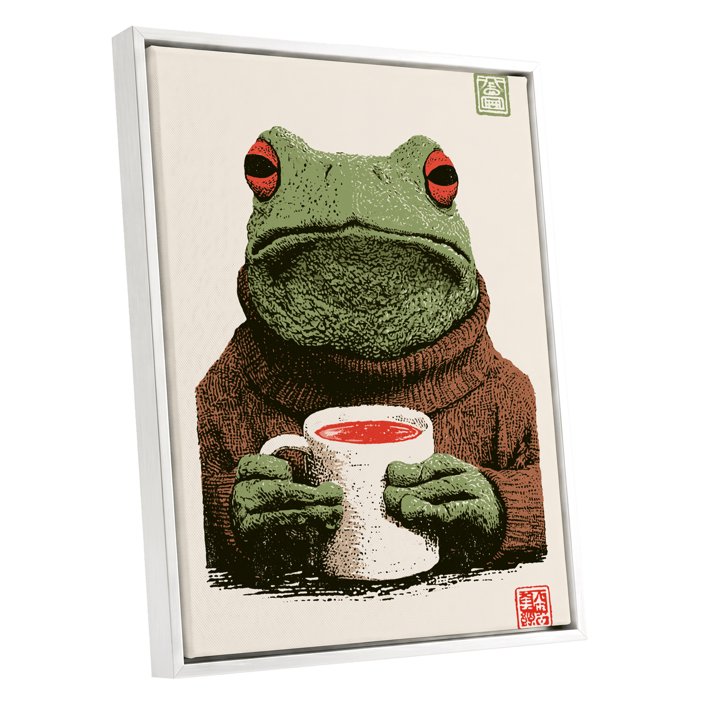 Tea With a Tree Frog, green, beige, brown nature wall art shown as a white framed canvas wall art