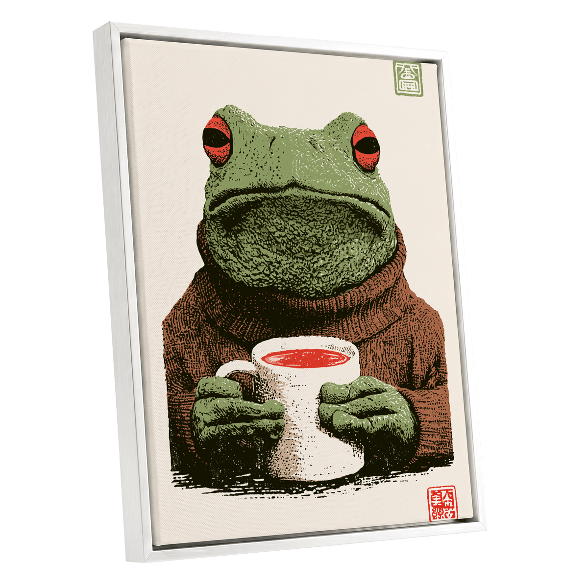 Tea With a Tree Frog, green, beige, brown nature wall art shown as a white framed canvas wall art